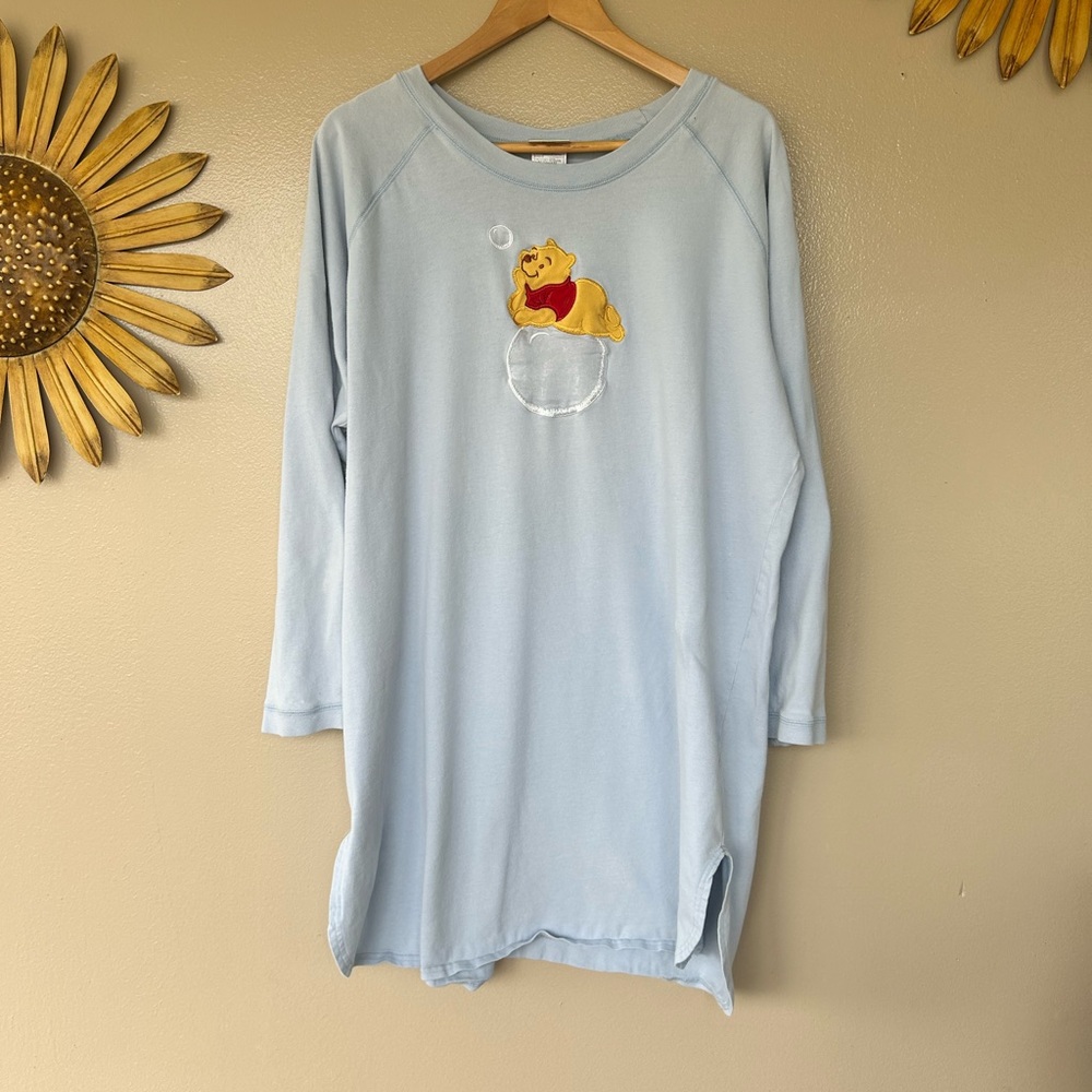 Disney 3/4 Sleeve Embroided‎ Winnie The Pooh Sleep Shirt Blue Size L/XL